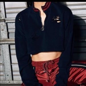 LF Zip Up Copped Long Sleeve Distressed Top